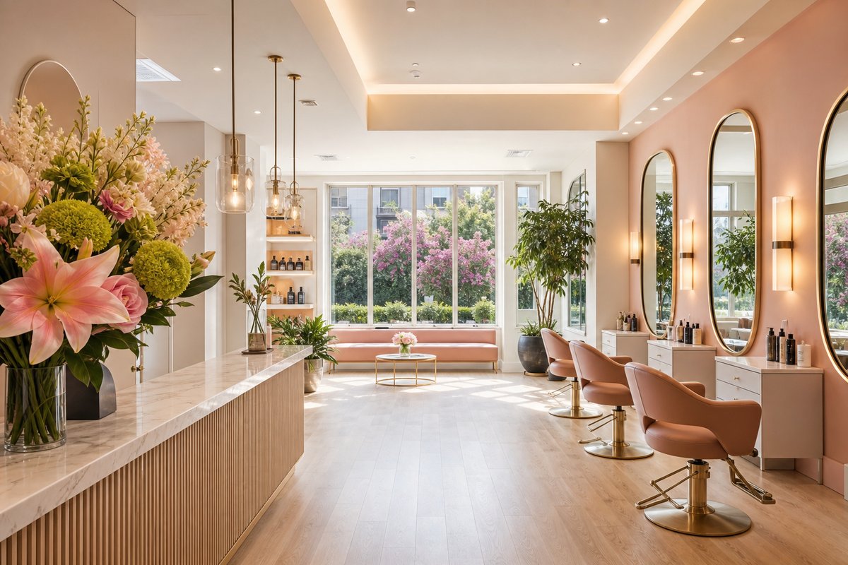 Interior del salón con recepción, sillones rosa y espejos dorados
