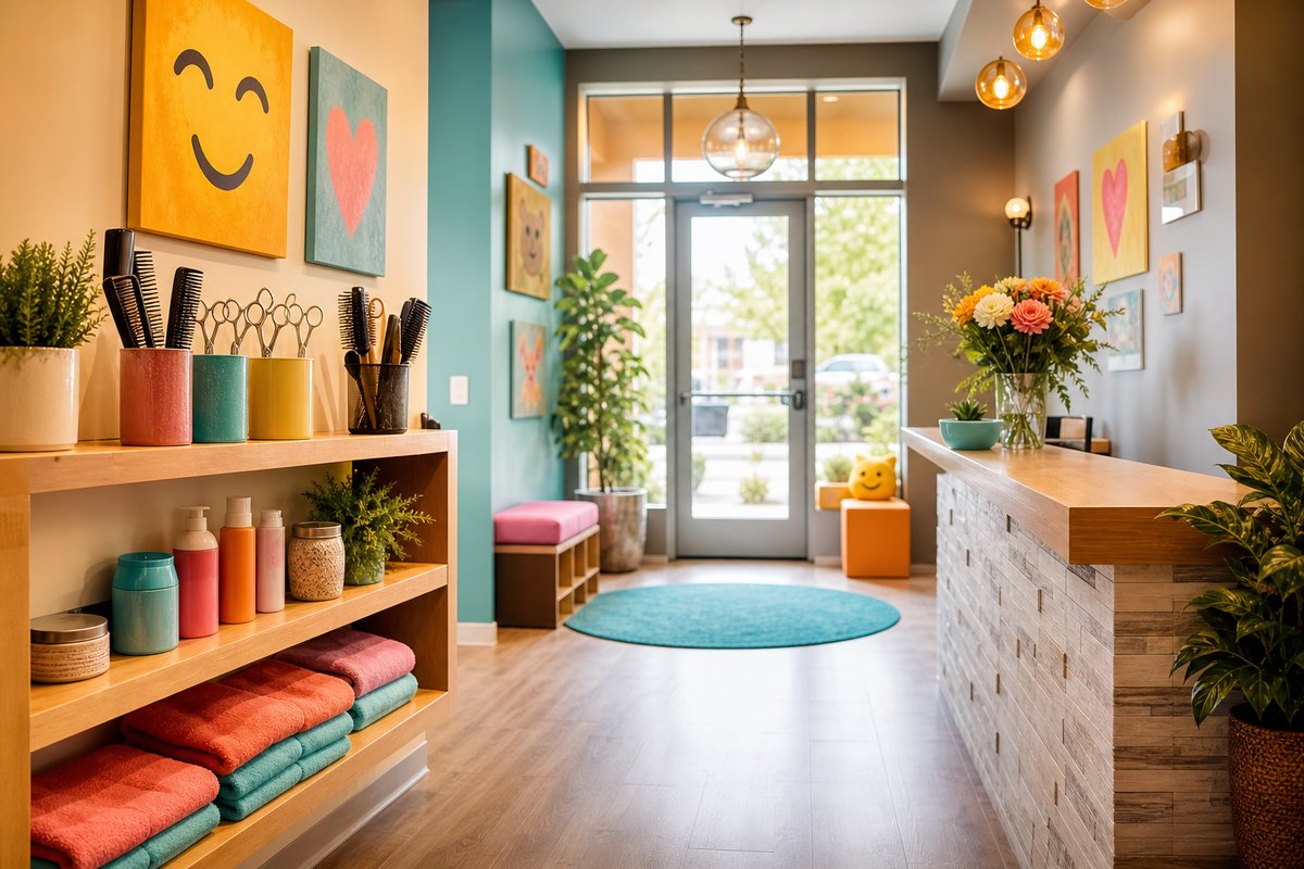 Recepción del salón con mostrador de madera, flores y productos