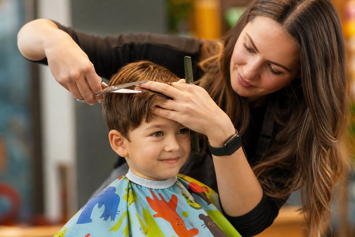 Estilista cortando el cabello a un niño sonriente
