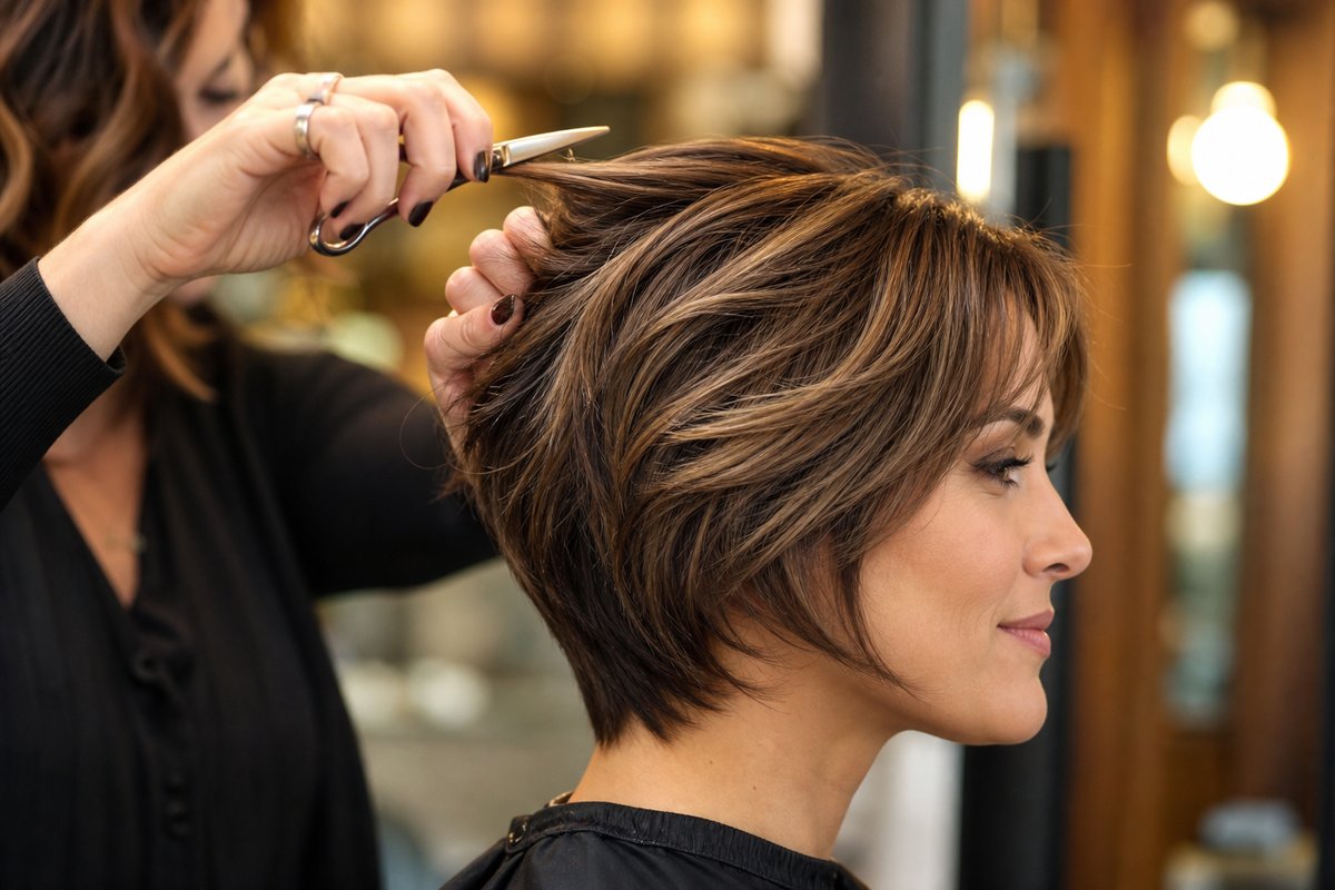 Corte de cabello corto con mechas, tijeras en el salón